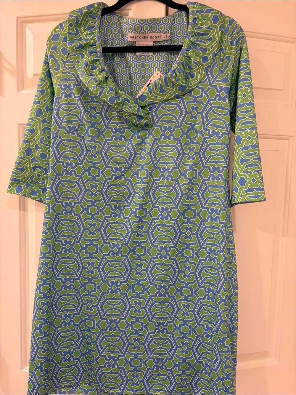 Gretchen Scott Ruffle Neck Dress Geometric Mini Dress Green & Blue XL NWT